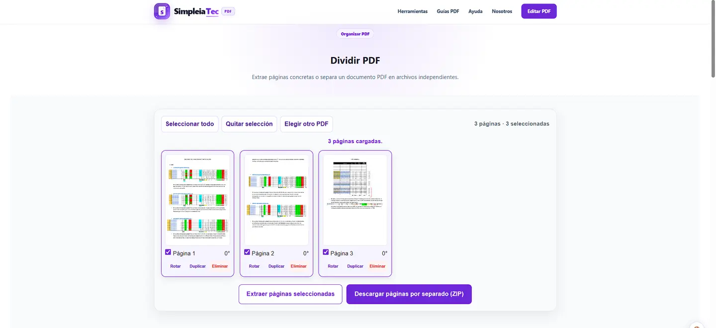 Selección visual de páginas para extraerlas como PDF o como archivos separados.