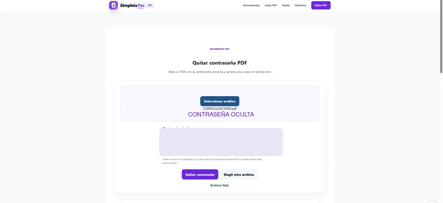 Formulario autorizado para abrir y generar una copia sin protección; la clave está oculta.